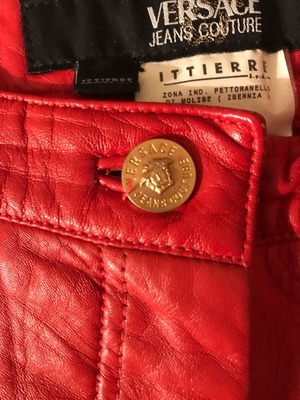 Versace Jeans Couture red leather pants with Medusa embossing, size 31