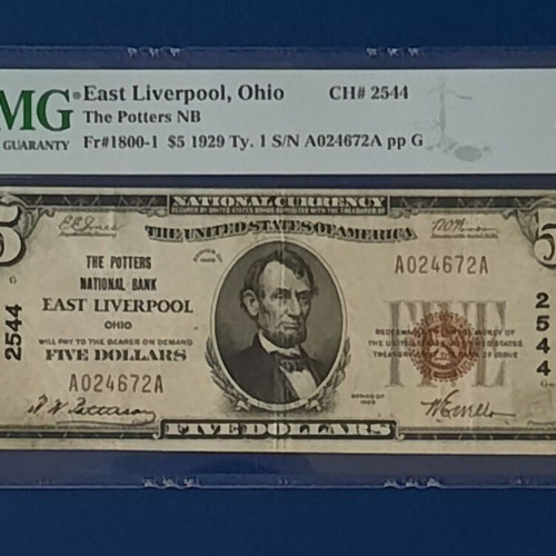 5 Dollars 1929 East Liverpool Ohio used, PMG 30