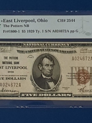 5 Dollars 1929 East Liverpool Ohio used, PMG 30