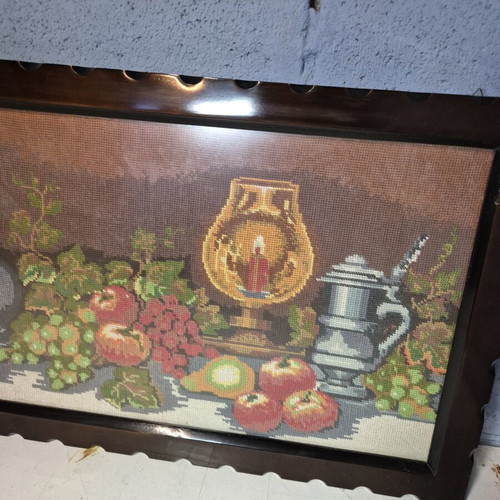 Textile embroidery artwork in frame like new with wooden mount