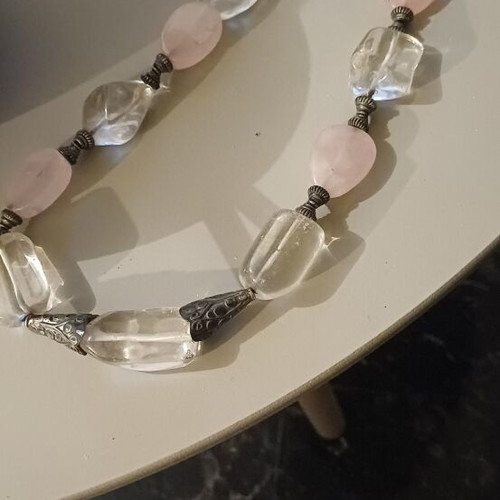 Quartz necklace like new with large white and pink stones and silver clasp