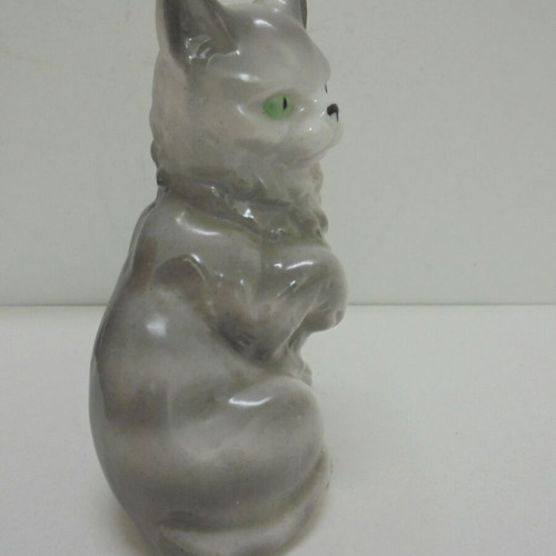 Vintage porcelain cat figurine, white-gray with green eyes