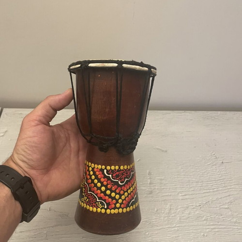 Djembe drum used, handmade African percussion with decorative ethnic design