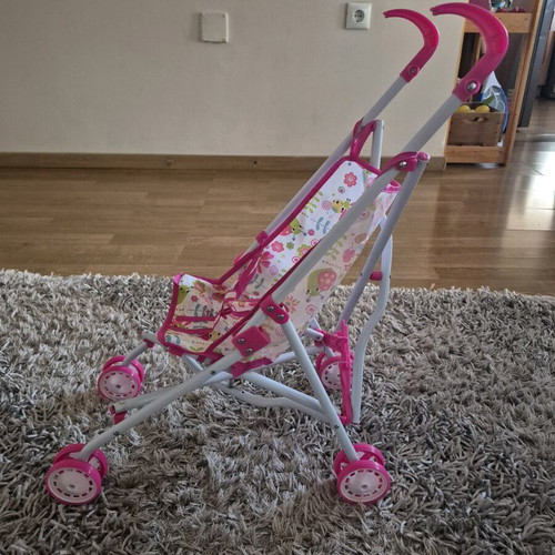 Doll Stroller in Pink with Flowers and Baby New