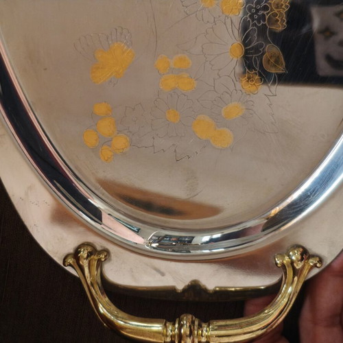 Serving tray set vintage classic with embossed gold handles, used