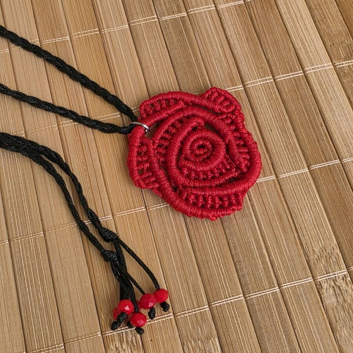 Macrame necklace handmade with red rose and adjustable black cord