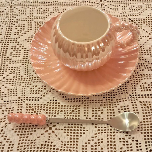 Coffee cup set new with saucer and spoon apricot pearlescent