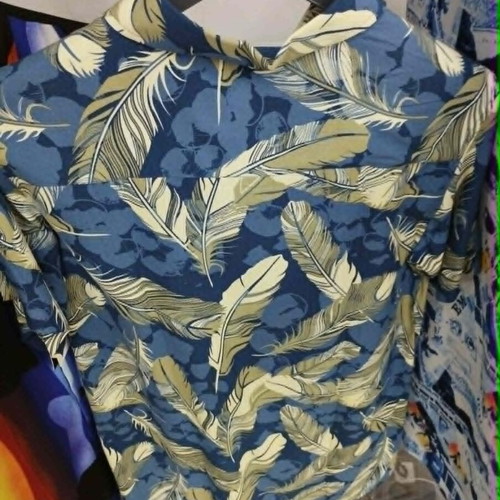 Men's short sleeve shirt with leaf print, new, blue and tan