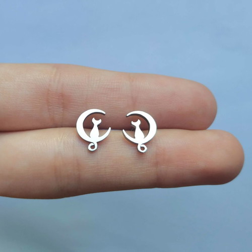 Stainless steel earrings with cat on moon new, silver