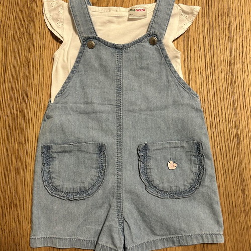 Prenatal baby girl set denim shorts overalls and white blouse 6-9 months like new