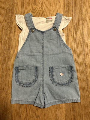 Prenatal baby girl set denim shorts overalls and white blouse 6-9 months like new