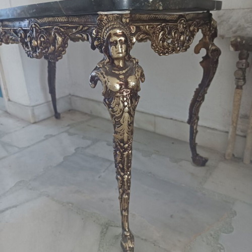 Bronze Table with Marble Top used, Baroque Style with Caryatid Legs