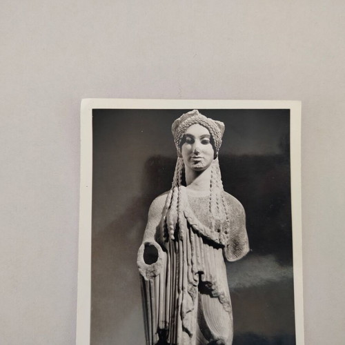 Black and white postcard Athens Acropolis Museum Archaic Kore used, 60s era