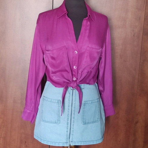 Bershka Cropped Satin Shirt with Tie Magenta like new