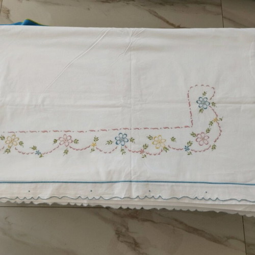Handmade Double Bed Sheet Set with Pillowcases, Floral Embroidery, Like New