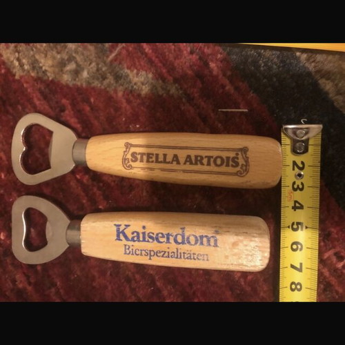 Set of 2 wooden Stella Artois and Kaiserdom collectible bottle openers, vintage 25 years