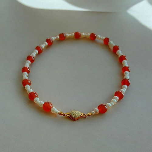 Handmade Necklace with Pearls, Red Agate and Magnetic Heart Clasp 48cm new
