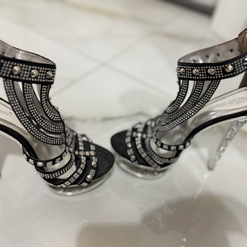 Black Belle Woman sandal used with silver rhinestones, 12 cm heel