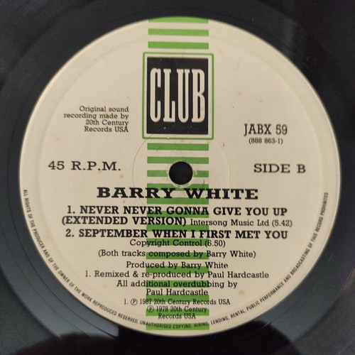 Barry White Never, Never Gonna Give You Up Paul Hardcastle Remix 12″ Maxi-Single used
