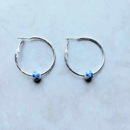 Hoops summer hoopies 4 cm earrings with porcelain blue and white beads like new
