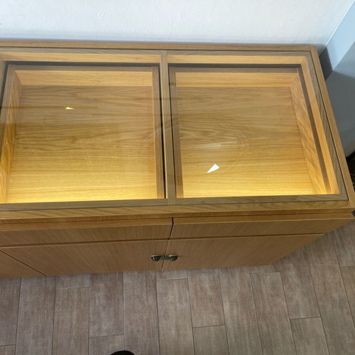 Display Cabinets like new, walnut, LED lighting, soft close, set of 2