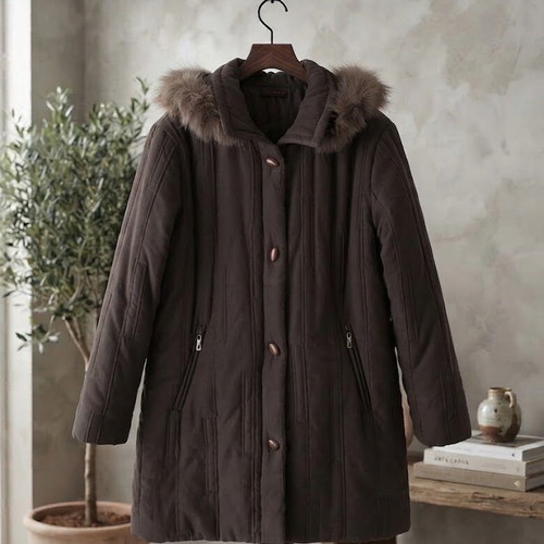 Ellen Rose winter coat with fur hood, brown, size L
