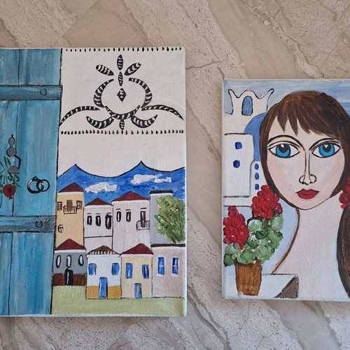 Handmade Mediterranean Style Paintings Set of 2 on Canvas new