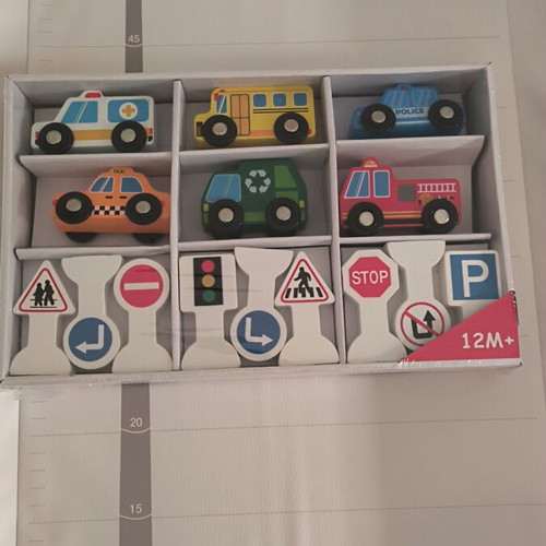 Wooden toy cars and signs new