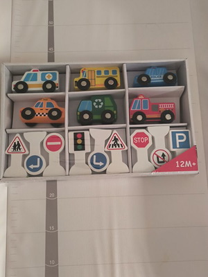 Wooden toy cars and signs new