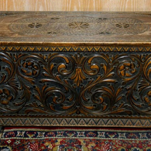 Skyrian carved wooden chest used antique