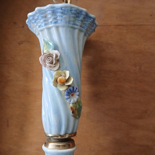 Vintage ceramic ceiling light used with blue color and embossed flowers