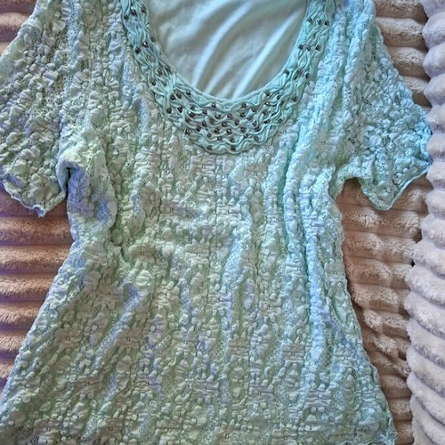 Mint lace blouse C&A with beads on neckline, like new