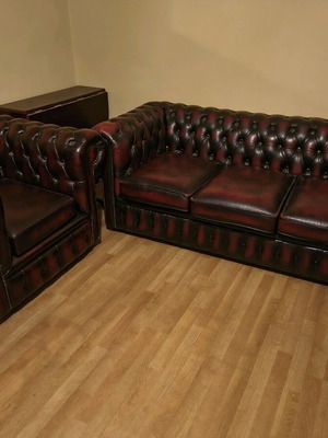 Σετ Chesterfield καναπές και πολυθρόνα μεταχειρισμένα, vintage βρετανικό δέρμα