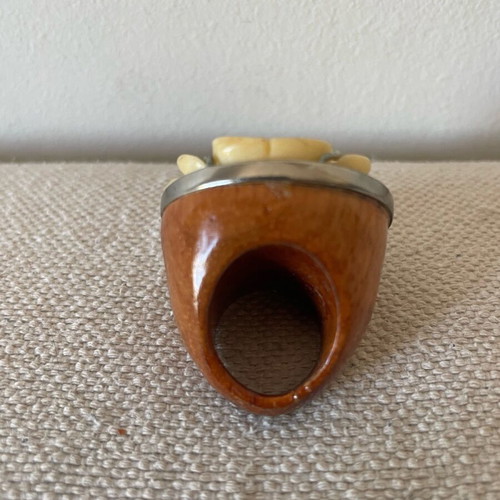 Statement ring handmade from Italy with wood and carved bone flower