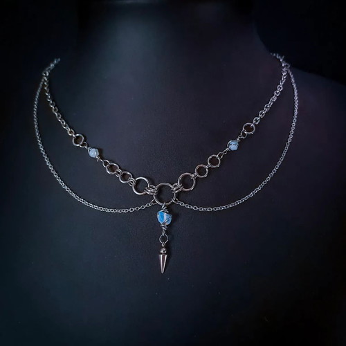 Layered Chain Necklace with moonstone, new, silver