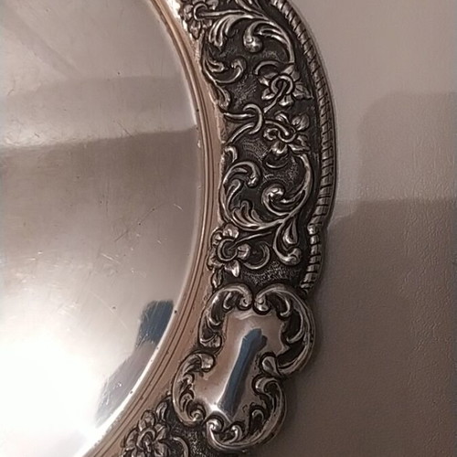 Silver-plated antique handmade tray used, diameter 34 cm
