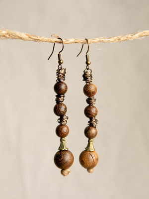 Handmade wooden earrings brown and gold, new