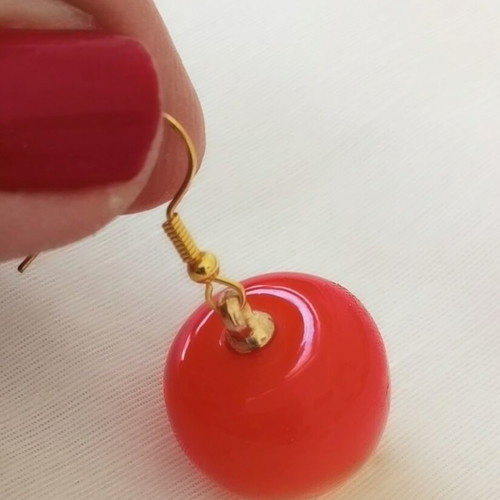 Cherry dangle earrings new, acrylic resin, orange and gold