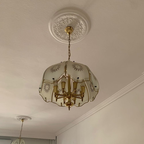 Chandeliers brass and glass with designs, like new, set of 2