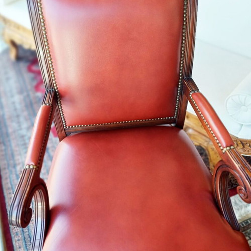 Leather armchair classic English style, deep burgundy