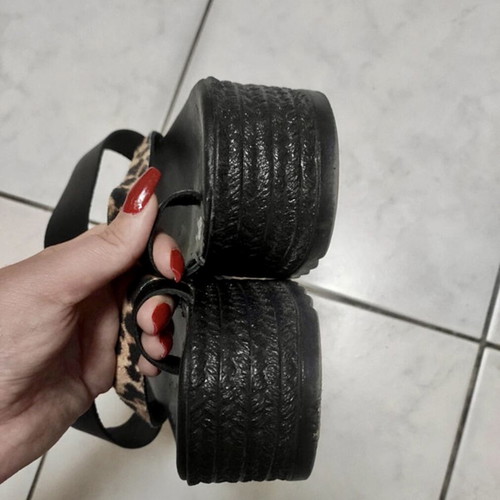Genuine Leather Handmade Platform Flatform Sandals Black Leopard, Like New