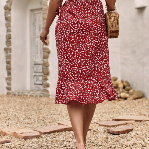 Red Ditsy Floral Side Tie Ruffle Wrap Skirt M 38 like new