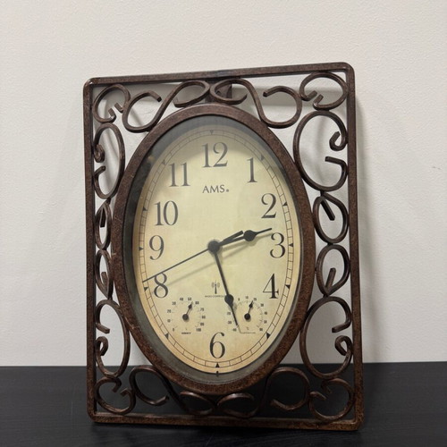 AMS wall radio clock like new, analog, wood and metal