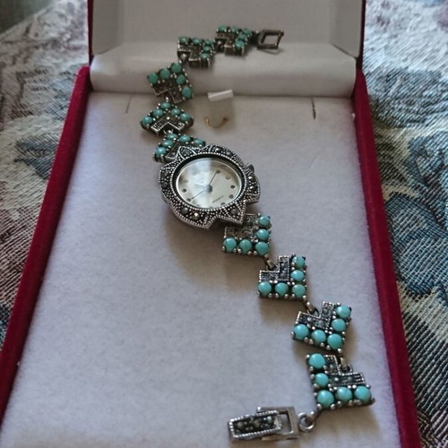 Silver women's watch 925 with turquoise and marcasite new