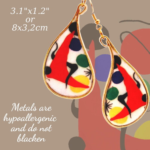 Alex Calder earrings handmade with 1971 lithograph, multicolor gold-tone