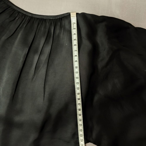 Black mini dress used with open back and bell sleeves, size S