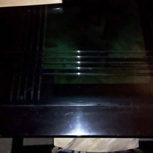 Dining set used, black lacquer with six chairs and glass table