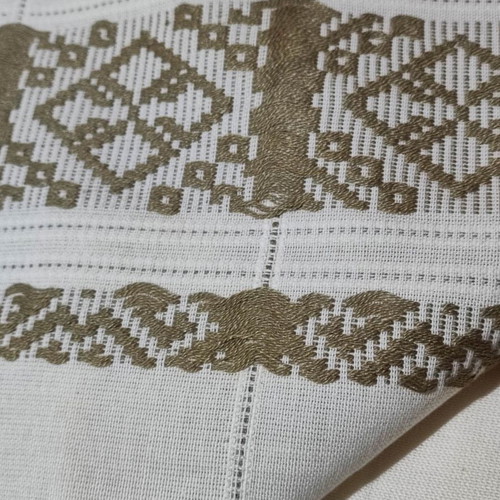 Cretan woven tablecloth new, ecru with khaki-gold patterns