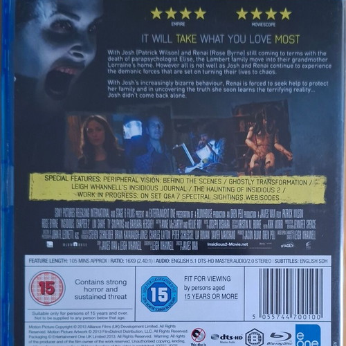 Insidious: Chapter 2 Blu-Ray like new, horror thriller with subtitles
