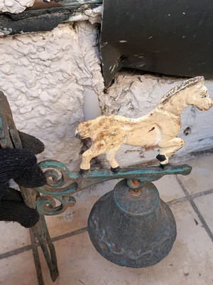 Cast iron bell with horse decor and large iron base new